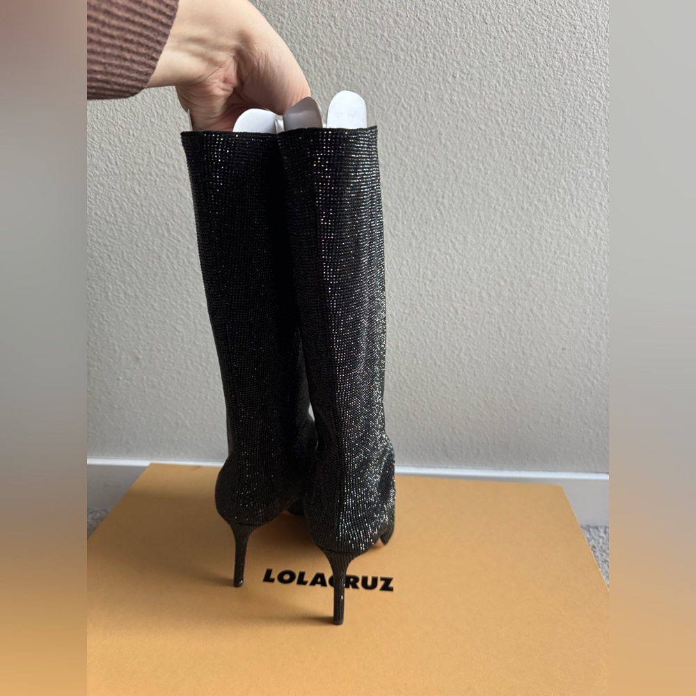 Rare Lola Cruz Fayet Rhinestone Bling Black Stiletto Point Toe Boots size 41 - Picture 7 of 12